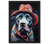 Artery8 Pit Bull Terrier Dog Red Cowboy Hat Portrait Artwork Framed A3 Wall Art Print