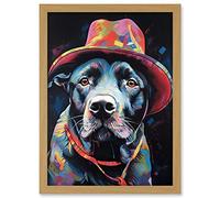 Artery8 Pit Bull Terrier Dog Red Cowboy Hat Portrait Artwork Framed A3 Wall Art Print