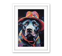 Artery8 Pit Bull Terrier Dog Red Cowboy Hat Portrait Artwork Framed Wall Art Print 18X24 Inch