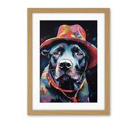 Artery8 Pit Bull Terrier Dog Red Cowboy Hat Portrait Artwork Framed Wall Art Print 18X24 Inch