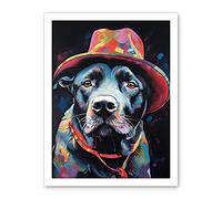 Artery8 Pit Bull Terrier Dog Red Cowboy Hat Portrait Artwork Framed Wall Art Print 18X24 Inch