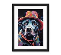 Artery8 Pit Bull Terrier Dog Red Cowboy Hat Portrait Artwork Framed Wall Art Print 18X24 Inch
