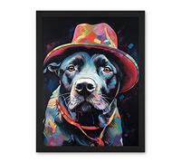 Artery8 Pit Bull Terrier Dog Red Cowboy Hat Portrait Artwork Framed Wall Art Print 18X24 Inch