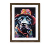 Artery8 Pit Bull Terrier Dog Red Cowboy Hat Portrait Artwork Framed Wall Art Print 18X24 Inch