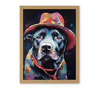 Artery8 Pit Bull Terrier Dog Red Cowboy Hat Portrait Artwork Framed Wall Art Print 18X24 Inch