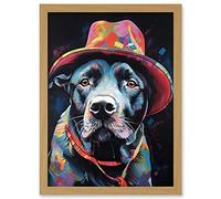 Artery8 Pit Bull Terrier Dog Red Cowboy Hat Portrait Artwork Framed Wall Art Print A4