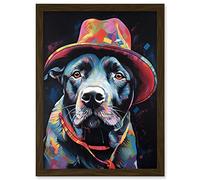 Artery8 Pit Bull Terrier Dog Red Cowboy Hat Portrait Artwork Framed Wall Art Print A4