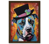 Artery8 Pit Bull Wearing Flower Top Hat Modern Pop Art Artwork Framed A3 Wall Art Print