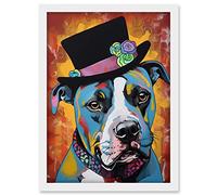 Artery8 Pit Bull Wearing Flower Top Hat Modern Pop Art Artwork Framed A3 Wall Art Print