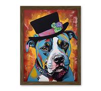 Artery8 Pit Bull Wearing Flower Top Hat Modern Pop Art Artwork Framed Wall Art Print 18X24 Inch