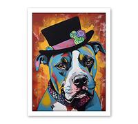 Artery8 Pit Bull Wearing Flower Top Hat Modern Pop Art Artwork Framed Wall Art Print 18X24 Inch
