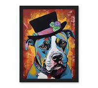 Artery8 Pit Bull Wearing Flower Top Hat Modern Pop Art Artwork Framed Wall Art Print 18X24 Inch