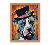 Artery8 Pit Bull Wearing Flower Top Hat Modern Pop Art Artwork Framed Wall Art Print 18X24 Inch