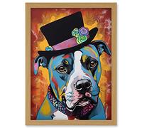 Artery8 Pit Bull Wearing Flower Top Hat Modern Pop Art Artwork Framed Wall Art Print A4