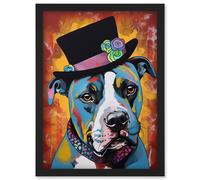 Artery8 Pit Bull Wearing Flower Top Hat Modern Pop Art Artwork Framed Wall Art Print A4