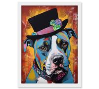 Artery8 Pit Bull Wearing Flower Top Hat Modern Pop Art Artwork Framed Wall Art Print A4