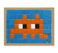 Artery8 Pixel Monster Space Orange Tiles Invaders Artwork Framed Wall Art Print A4 in Light Oak Artery8 Light Oak