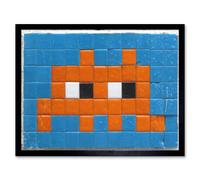 Artery8 Pixel Monster Space Vader Orange Tiles 12x16" Framed Art Print in Blue | Size: W12" x H16" Artery8 Blue W12" x H16"