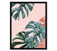 Artery8 Plant Lover Pink Teal Monstera Leaves Watercolour Framed Art Print | Size: A4 Artery8 Pink A4