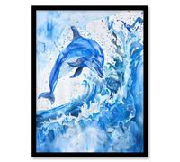 Artery8 Playful Dolphin in Ocean Waves Splash Watercolour Framed Wall Art in Blue | Size: A4 Artery8 Blue A4
