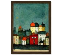 Doppelganger33 LTD Playful Town Skyline Scene At Night With Pastels And Ink Artwork Framed Wall Art Print A4