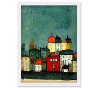 Artery8 Playful Town Skyline Scene At Night With Pastels & Ink Artwork Framed Wall Art Print A4 in White Artery8 White