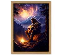 Artery8 Playing Guitar By A Campfire Oil Painting Purple Orange Storm Brewing in Mountain Forest Landscape Artwork Framed A3 Wall Art Print