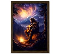 Artery8 Playing Guitar By A Campfire Oil Painting Purple Orange Storm Brewing in Mountain Forest Landscape Artwork Framed A3 Wall Art Print