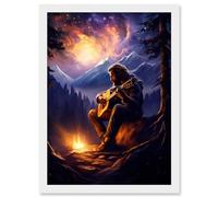 Artery8 Playing Guitar By A Campfire Oil Painting Purple Orange Storm Brewing in Mountain Forest Landscape Artwork Framed A3 Wall Art Print