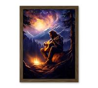 Artery8 Playing Guitar By A Campfire Oil Painting Purple Orange Storm Brewing in Mountain Forest Landscape Artwork Framed Wall Art Print 18X24 Inch