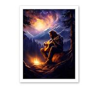 Artery8 Playing Guitar By A Campfire Oil Painting Purple Orange Storm Brewing in Mountain Forest Landscape Artwork Framed Wall Art Print 18X24 Inch