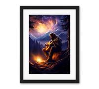 Artery8 Playing Guitar By A Campfire Oil Painting Purple Orange Storm Brewing in Mountain Forest Landscape Artwork Framed Wall Art Print 18X24 Inch