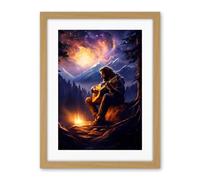 Artery8 Playing Guitar By A Campfire Oil Painting Purple Orange Storm Brewing in Mountain Forest Landscape Artwork Framed Wall Art Print 18X24 Inch