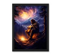 Artery8 Playing Guitar By A Campfire Oil Painting Purple Orange Storm Brewing in Mountain Forest Landscape Artwork Framed Wall Art Print 18X24 Inch