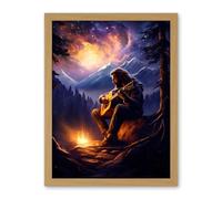 Artery8 Playing Guitar By A Campfire Oil Painting Purple Orange Storm Brewing in Mountain Forest Landscape Artwork Framed Wall Art Print 18X24 Inch