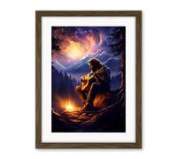 Artery8 Playing Guitar By A Campfire Oil Painting Purple Orange Storm Brewing in Mountain Forest Landscape Artwork Framed Wall Art Print 18X24 Inch