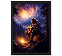 Artery8 Playing Guitar By A Campfire Oil Painting Purple Orange Storm Brewing in Mountain Forest Landscape Artwork Framed A3 Wall Art Print