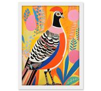Artery8 Pleasant Pheasant Bright Bold Vibrant Colourful Grassland Acrylic Painting Artwork Orange Pink Blue Folk Art Artwork Framed A3 Wall Art Print