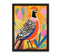 Artery8 Pleasant Pheasant Bright Bold Vibrant Colourful Grassland Acrylic Painting Artwork Orange Pink Blue Folk Art Artwork Framed Wall Art Print 18X24 Inch