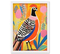 Artery8 Pleasant Pheasant Bright Bold Vibrant Colourful Grassland Acrylic Painting Artwork Orange Pink Blue Folk Art Artwork Framed Wall Art Print A4