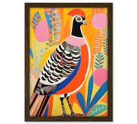 Artery8 Pleasant Pheasant Bright Bold Vibrant Colourful Grassland Acrylic Painting Artwork Orange Pink Blue Folk Art Artwork Framed A3 Wall Art Print