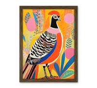 Artery8 Pleasant Pheasant Bright Bold Vibrant Colourful Grassland Acrylic Painting Artwork Orange Pink Blue Folk Art Artwork Framed Wall Art Print 18X24 Inch