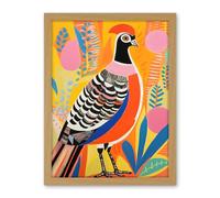 Artery8 Pleasant Pheasant Bright Bold Vibrant Colourful Grassland Acrylic Painting Artwork Orange Pink Blue Folk Art Artwork Framed Wall Art Print 18X24 Inch