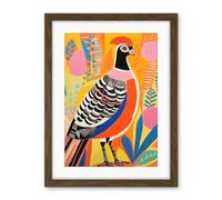 Artery8 Pleasant Pheasant Bright Bold Vibrant Colourful Grassland Acrylic Painting Artwork Orange Pink Blue Folk Art Artwork Framed Wall Art Print 18X24 Inch
