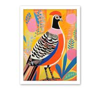 Artery8 Pleasant Pheasant Bright Bold Vibrant Colourful Grassland Acrylic Painting Artwork Orange Pink Blue Folk Art Artwork Framed Wall Art Print 18X24 Inch