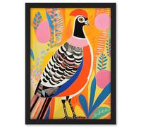 Artery8 Pleasant Pheasant Bright Bold Vibrant Colourful Grassland Acrylic Painting Artwork Orange Pink Blue Folk Art Artwork Framed A3 Wall Art Print