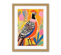 Artery8 Pleasant Pheasant Bright Bold Vibrant Colourful Grassland Acrylic Painting Artwork Orange Pink Blue Folk Art Artwork Framed Wall Art Print 18X24 Inch