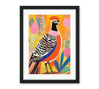 Artery8 Pleasant Pheasant Bright Bold Vibrant Colourful Grassland Acrylic Painting Artwork Orange Pink Blue Folk Art Artwork Framed Wall Art Print 18X24 Inch