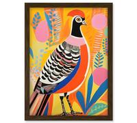 Artery8 Pleasant Pheasant Bright Bold Vibrant Colourful Grassland Acrylic Painting Artwork Orange Pink Blue Folk Art Artwork Framed Wall Art Print A4