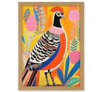 Artery8 Pleasant Pheasant Bright Bold Vibrant Colourful Grassland Acrylic Painting Artwork Orange Pink Blue Folk Art Artwork Framed A3 Wall Art Print